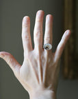 A hand wearing a silver-toned ring with a white and black marbled stone, shown against a soft-focus indoor background.