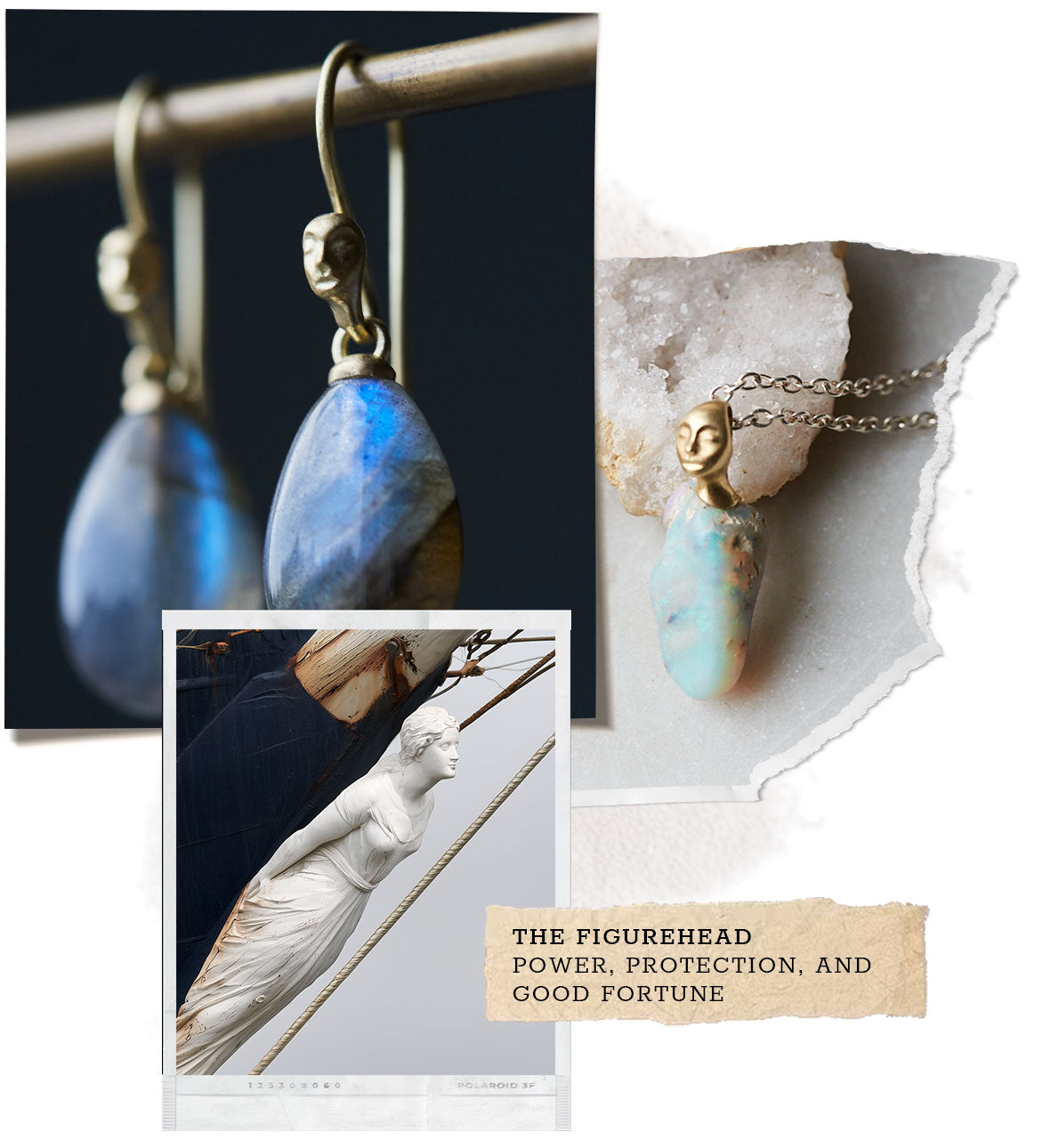 A collage-style product presentation featuring a teardrop-shaped blue labradorite drop earring and matching drop necklace with a small gold figurehead pendant. The jewelry is shown against a dark background, on a white crystal slab, and in a smaller inset photo with text reading 'THE FIGUREHEAD POWER, PROTECTION, AND GOOD FORTUNE.