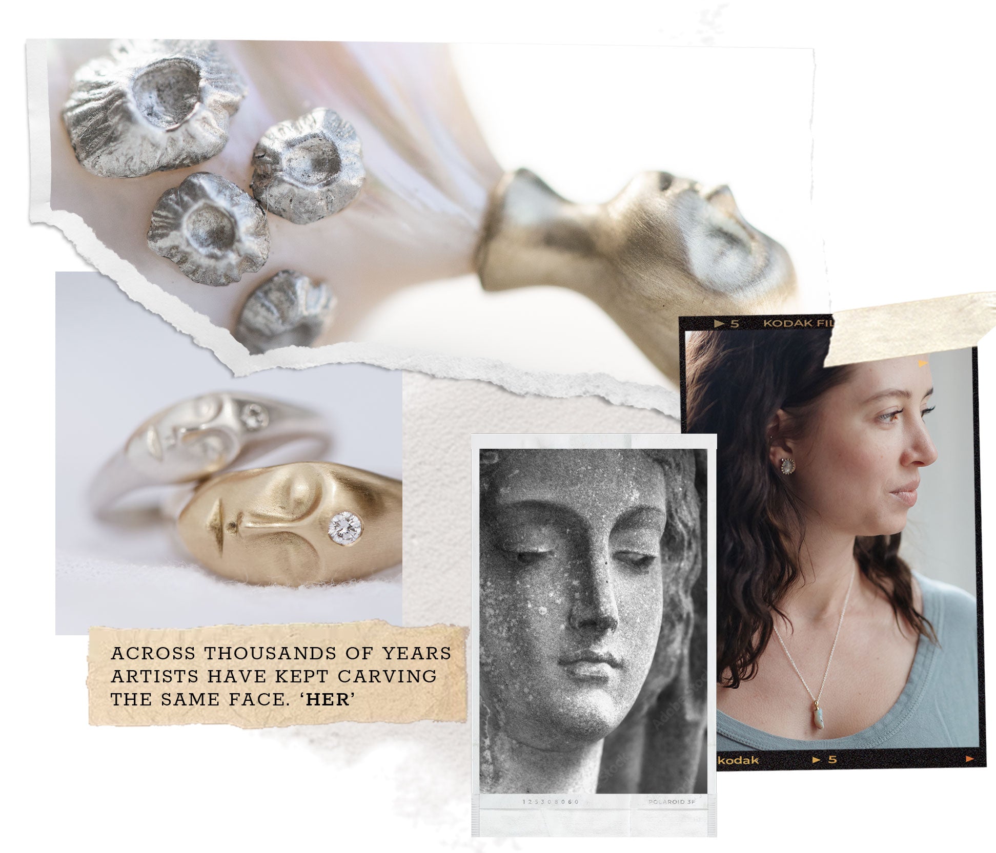 A collage-style promotional image featuring jewelry products and a model wearing a necklace. Visible items include silver and gold sculptural rings, a silver pendant, a black-and-white statue face print, and a woman in profile wearing a delicate necklace.