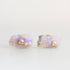 A pair of stud earrings featuring raw, iridescent opal pieces with a small gold barnacle accent on each, set against a plain white background.