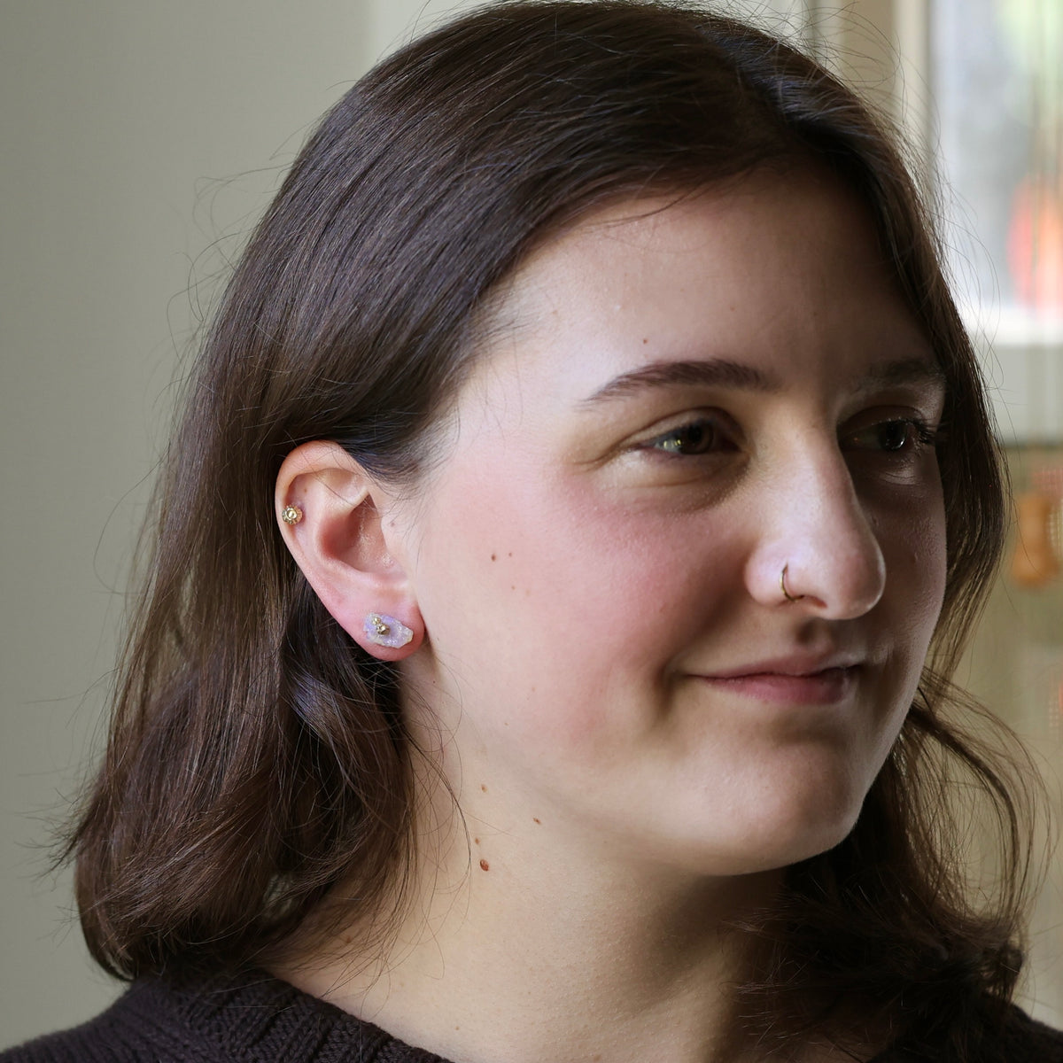 A close-up portrait of a woman with brown hair wearing a small earring in her ear, with a nose stud and a small lobe piercing visible. She is smiling slightly and looking to the side against an indoor background.