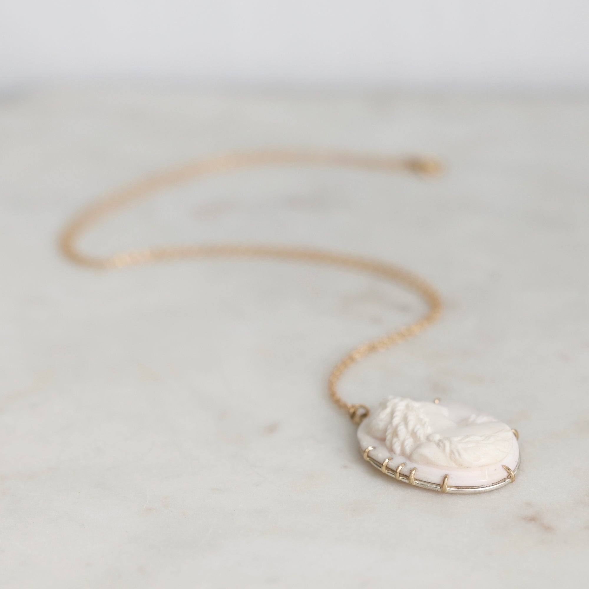 A delicate gold chain necklace featuring an off-white carved shell pendant, resting on a light marble surface.
