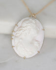 A classic oval cameo pendant necklace featuring a white carved profile of a classical woman on a pale pink shell background, set in gold with small gold prongs and a gold chain.