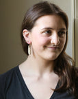 Woman with dark hair wearing earrings, smiling indoors.