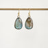 A pair of teardrop-shaped labradorite dangle earrings with gold hooks, hanging from a gold horizontal bar against a clean white background.