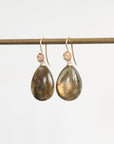 Teardrop-shaped earrings with gold hooks on a white background