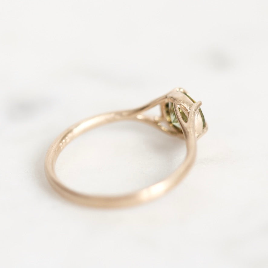 Gold ring from the back. Branching prongs 