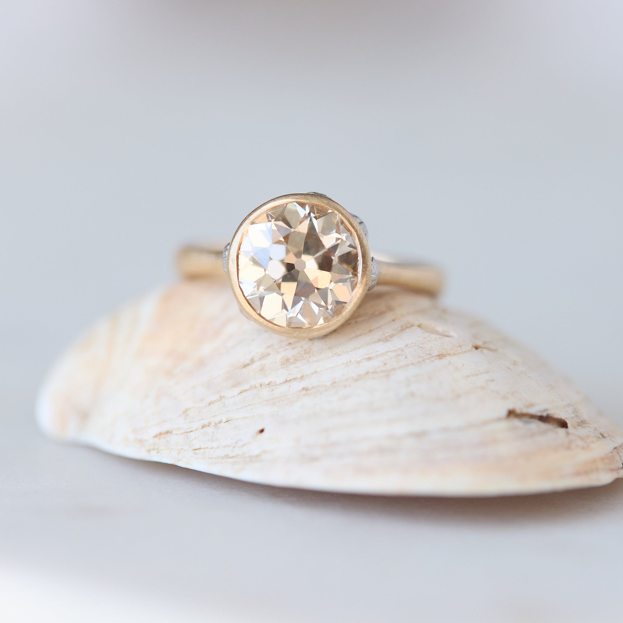 Gold ring with a large gemstone on a shell against a light background