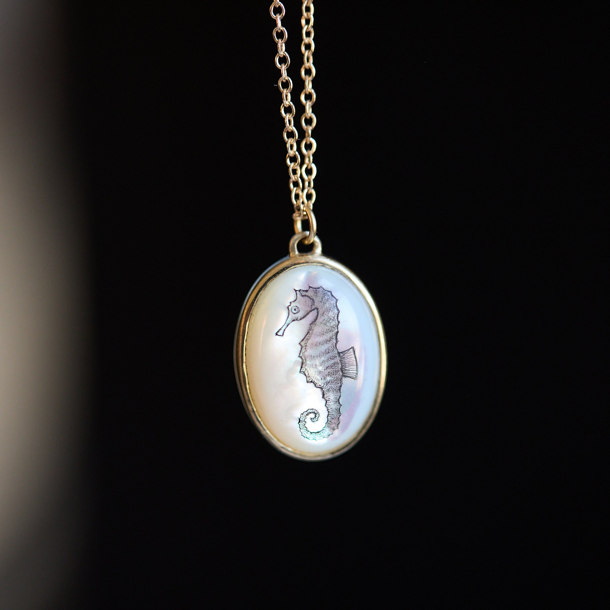 Necklace with a pendant featuring a seahorse design on a dark background