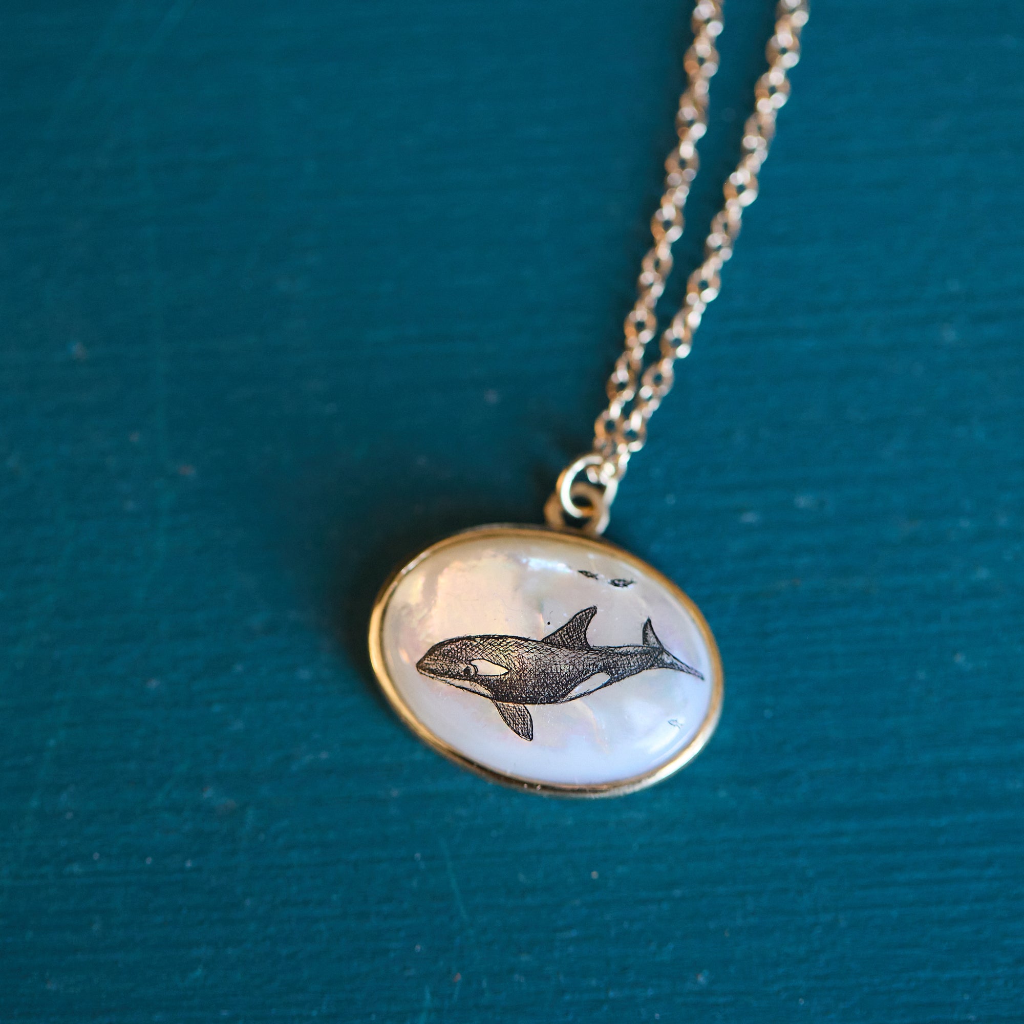 Necklace with a pendant featuring an illustration of a orca on a blue background