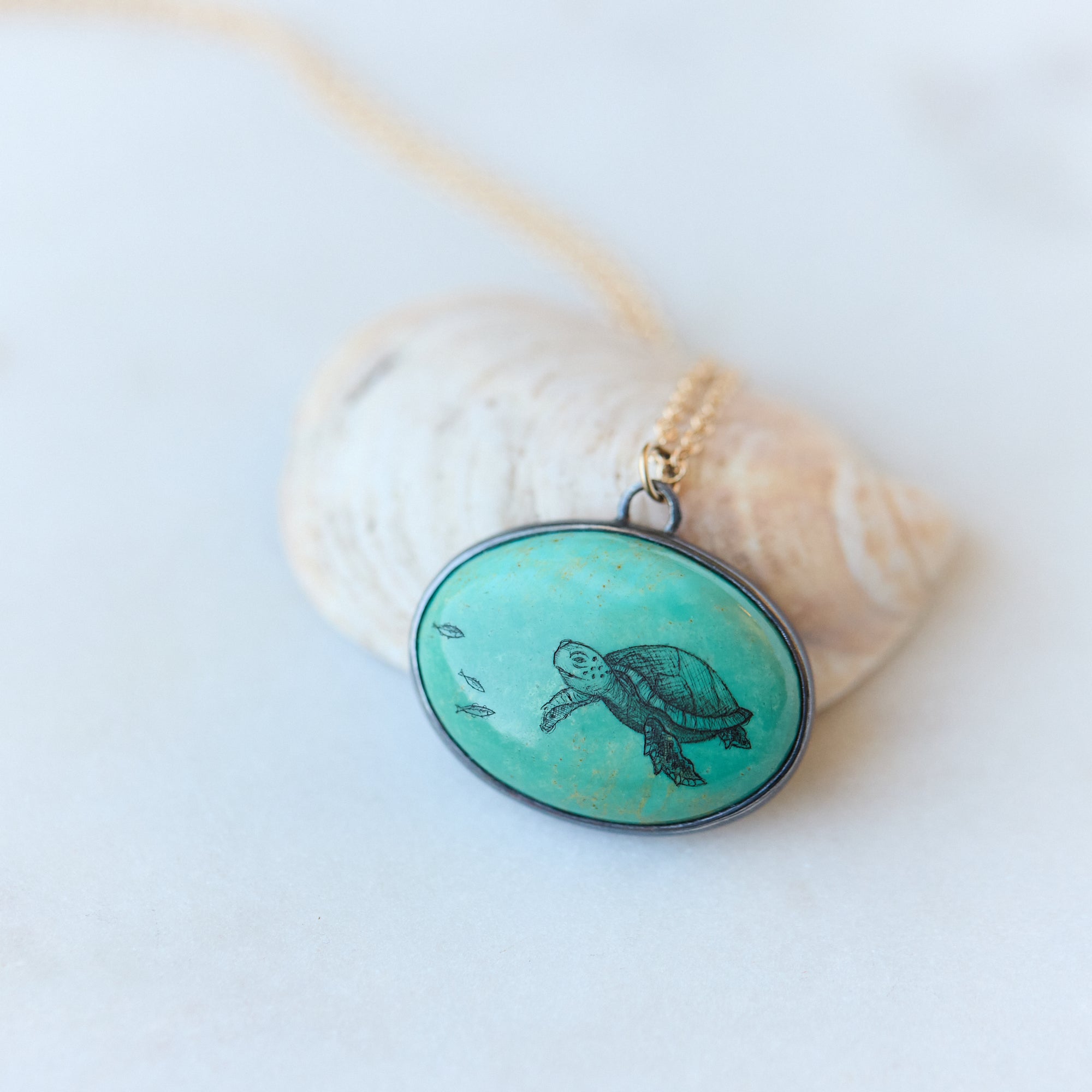 Necklace with a pendant featuring a turtle design, displayed on a shell against a white background.