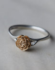 large rose garden ring, silver band with gold rose