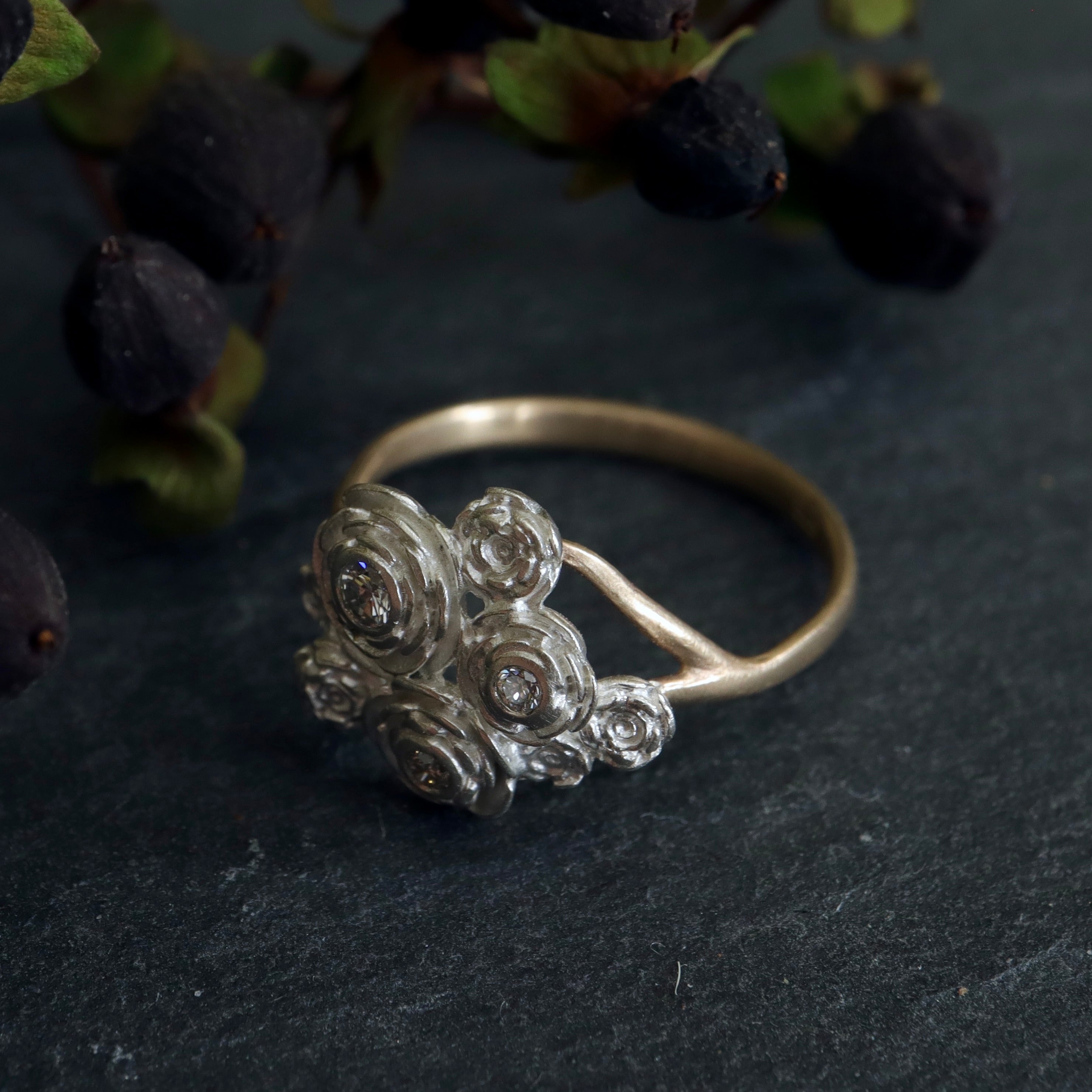 Handcarved diamond rose ring in gold and silver by Hannah Blount