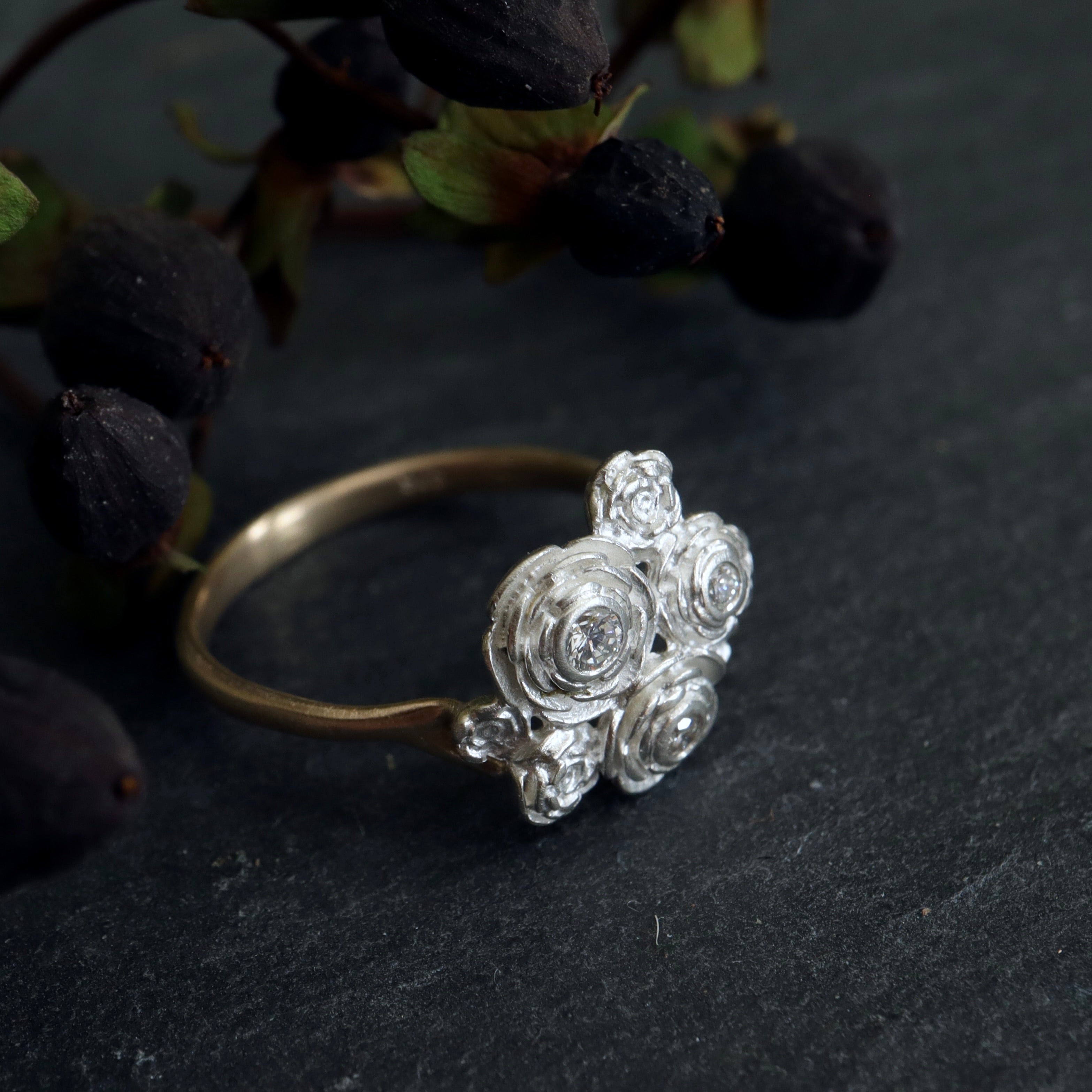 Nature inspired diamond rose ring in gold and silver by Hannah Blount