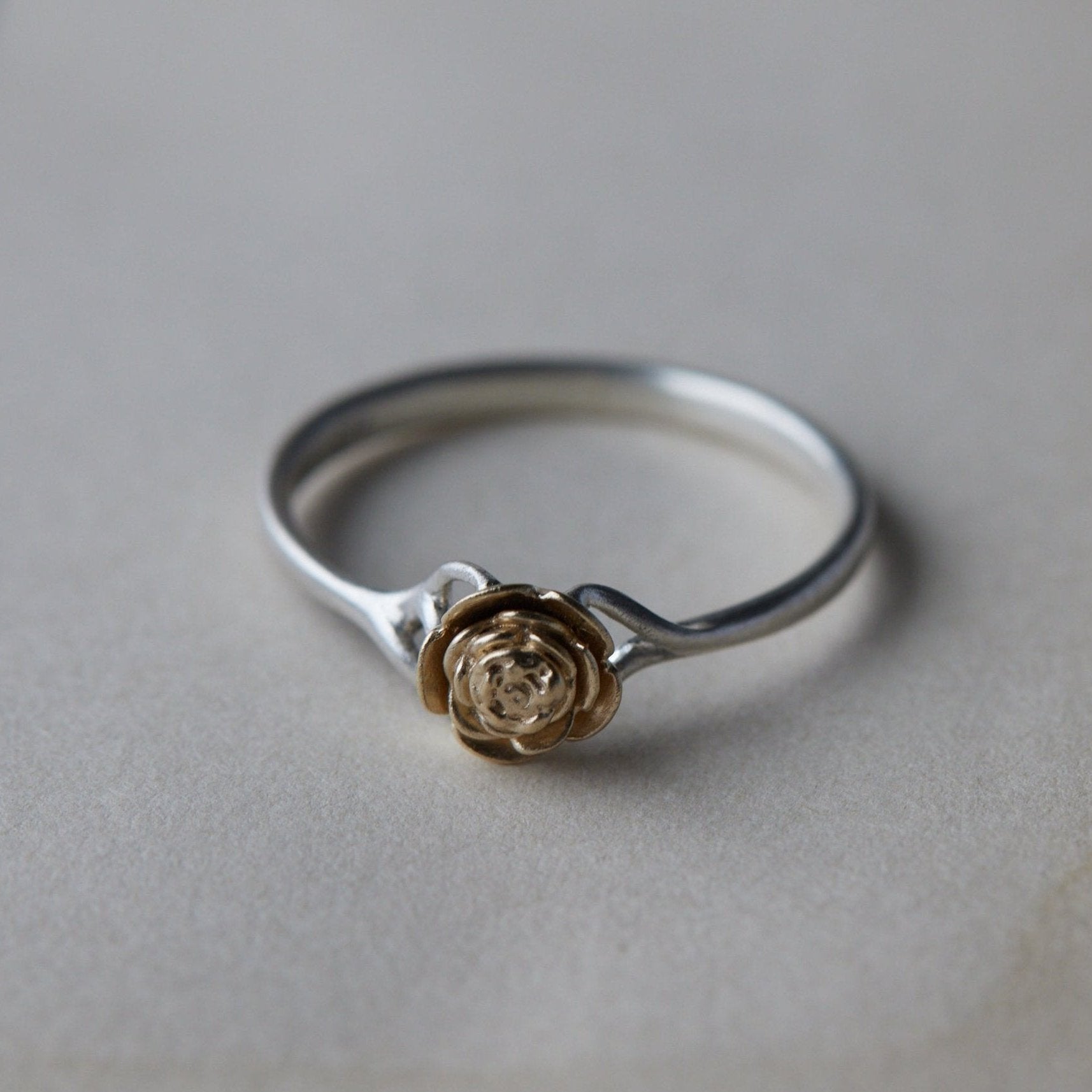 medium rose garden ring, silver band with gold rose