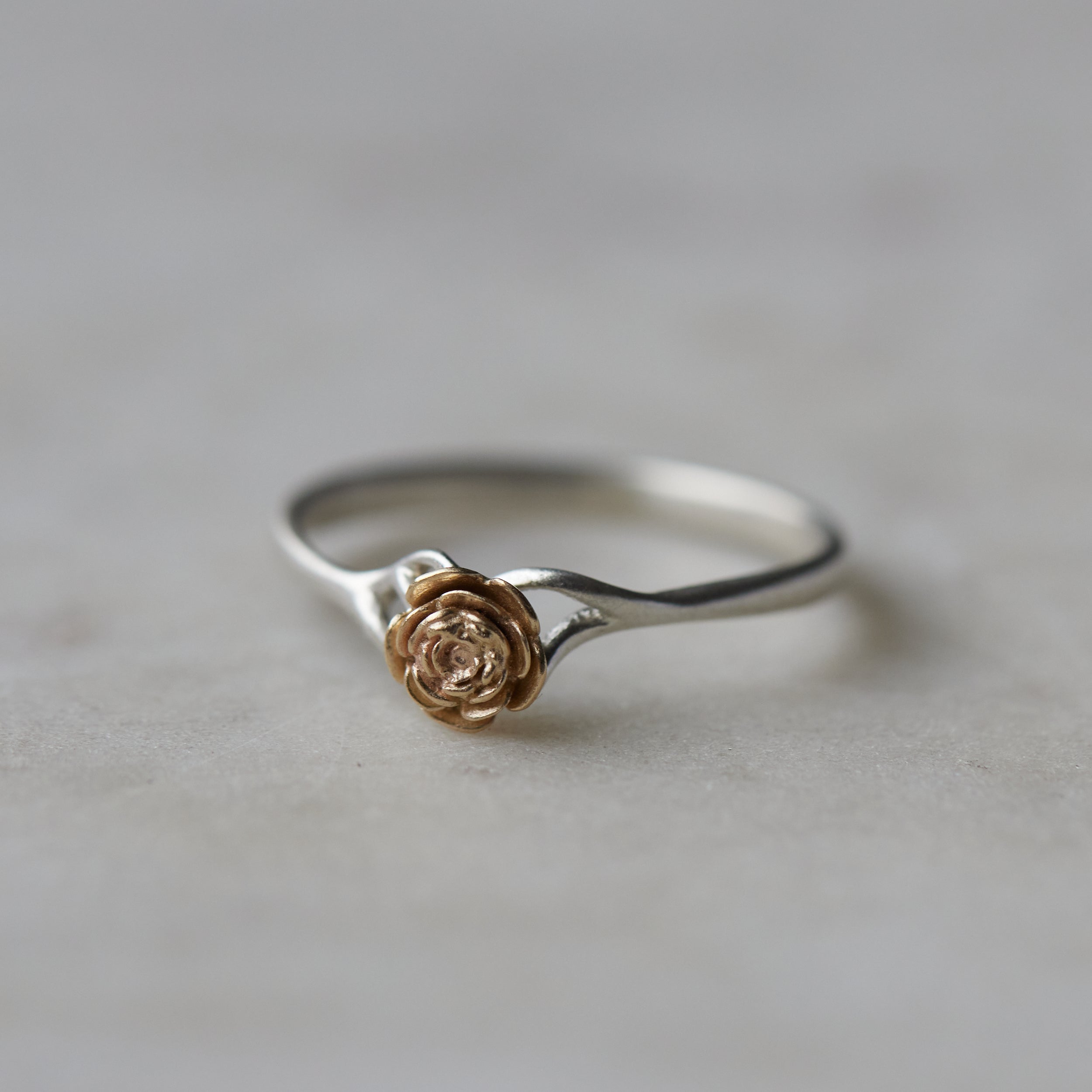 little rose garden ring, silver band with gold rose