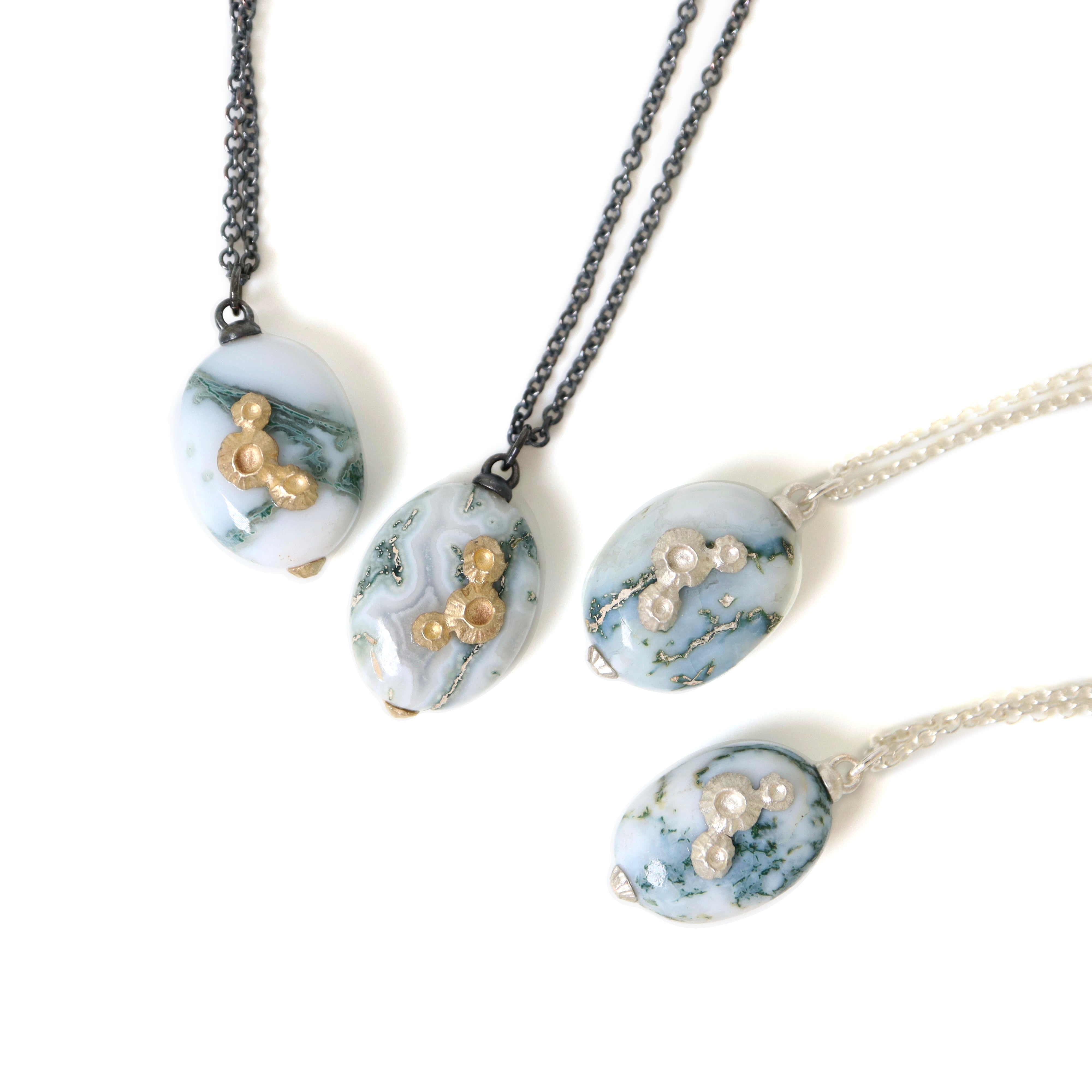 Indian opal necklaces with silver  and oxidized silver chain and silver and gold barnacles by Hannah Blount