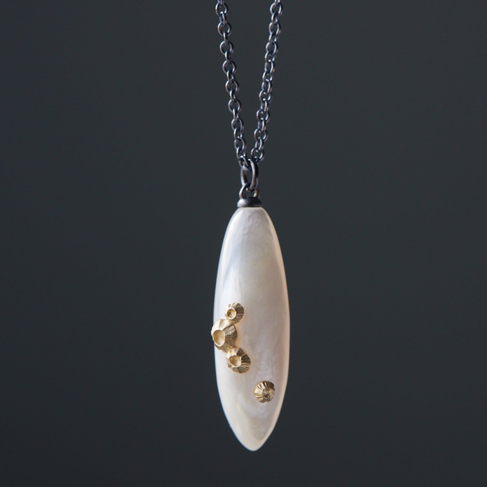 large sized mother of pearl pendant necklace in oxidized silver with 14k gold barnacles