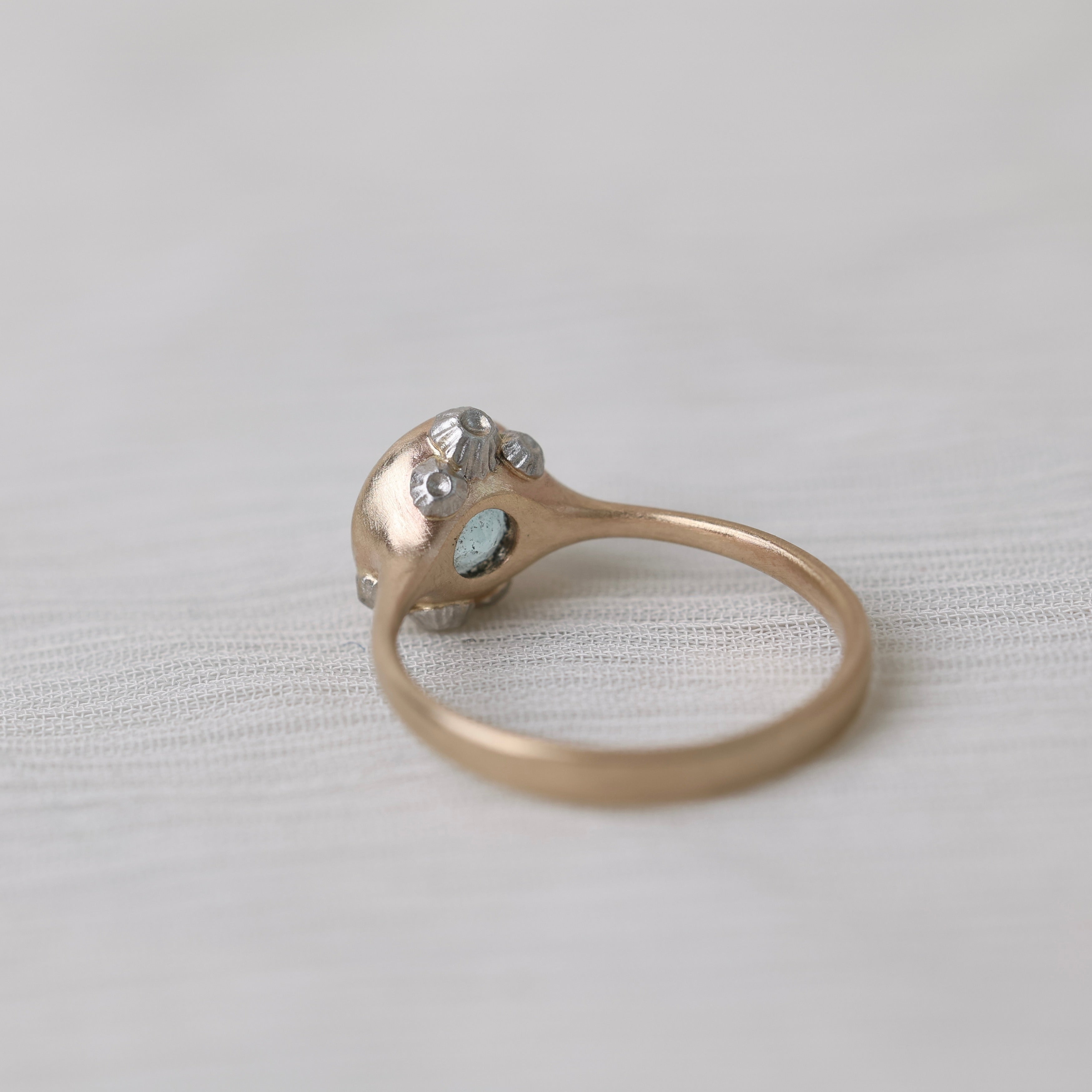 gold ring facing away on white background