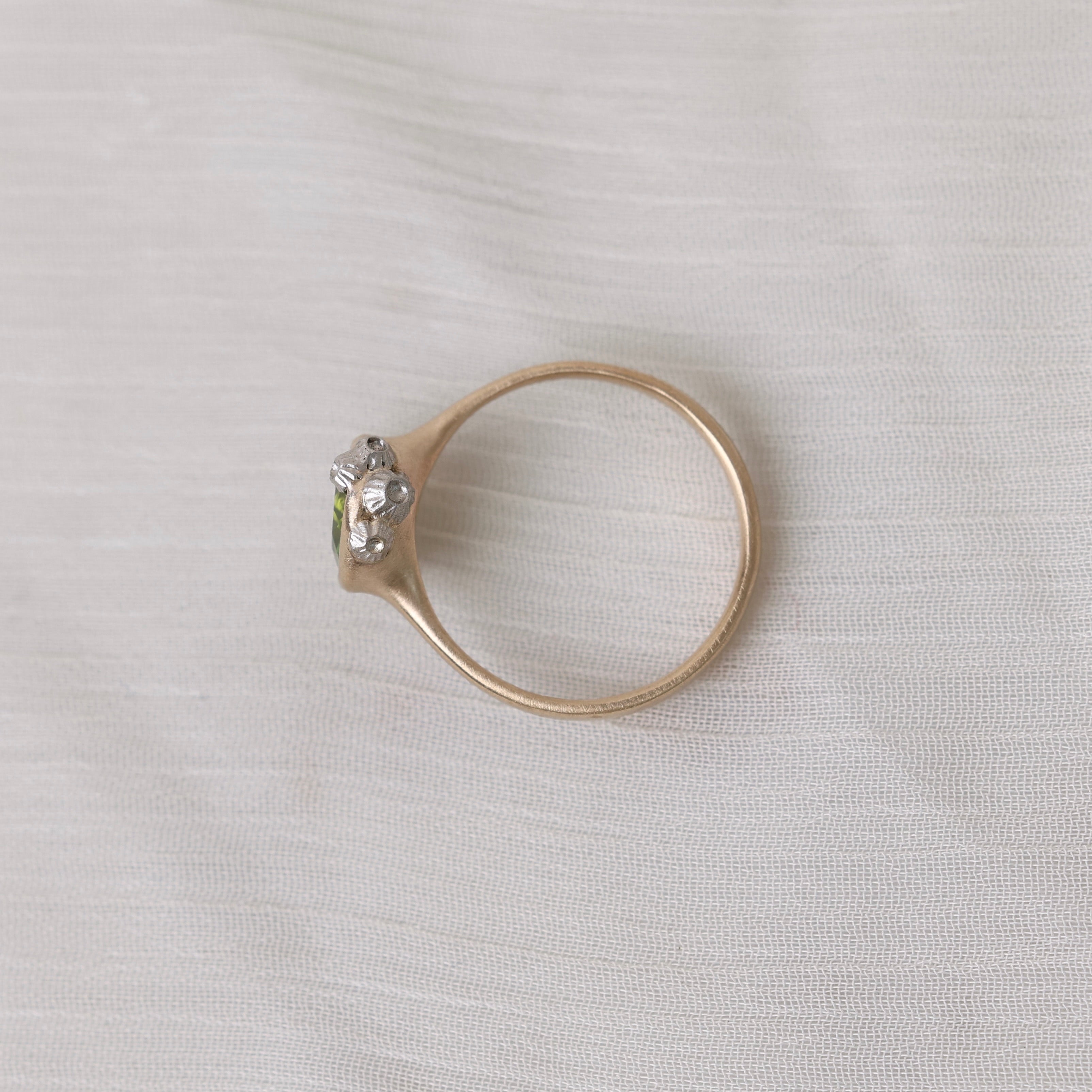 gold ring on a gray background with silver barnacles 