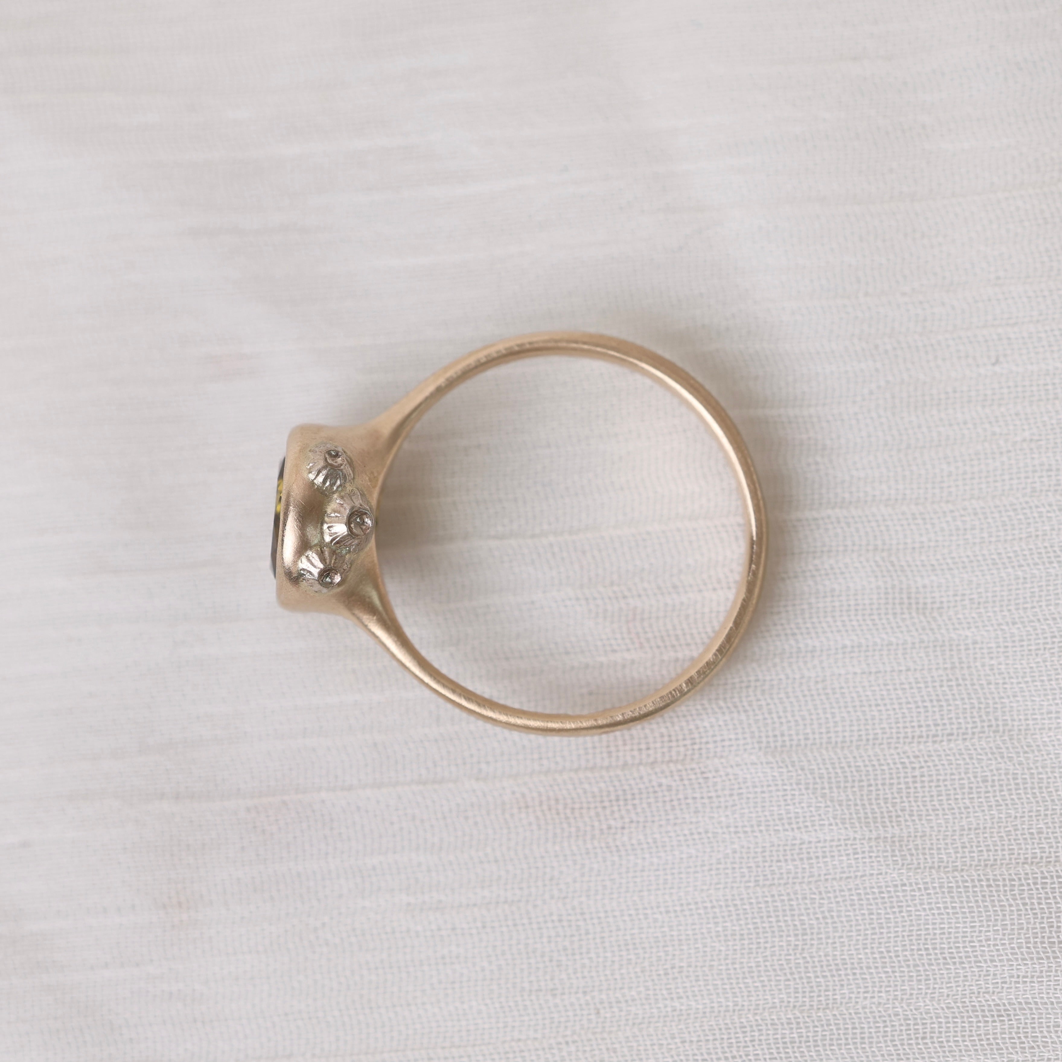 Gold ring with barnacles on a white textured background 