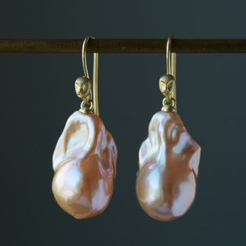 Hannah Blount Jewelry Peach Baroque Pearls with 18k Gold Cameo Lady Figureheads. Earrings.