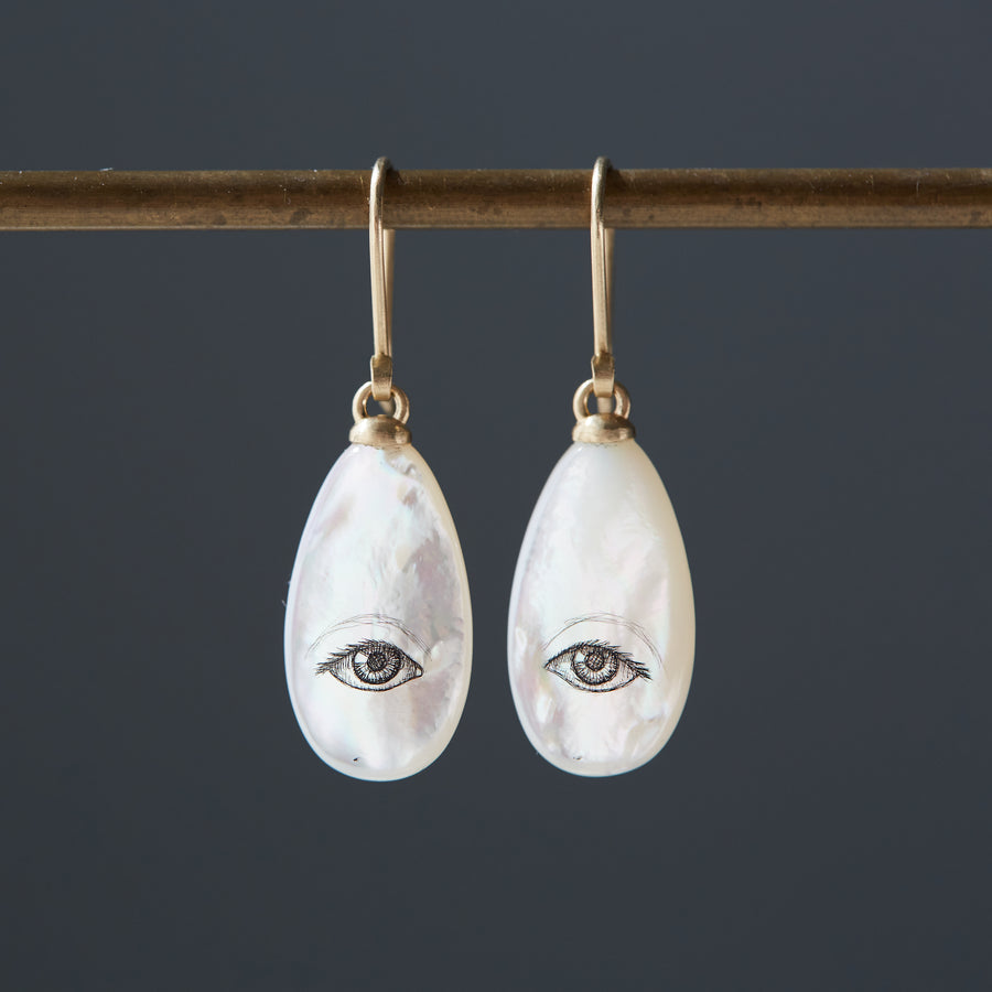 Small Lover's Eye Mother of Pearl Scrimshaw Earrings