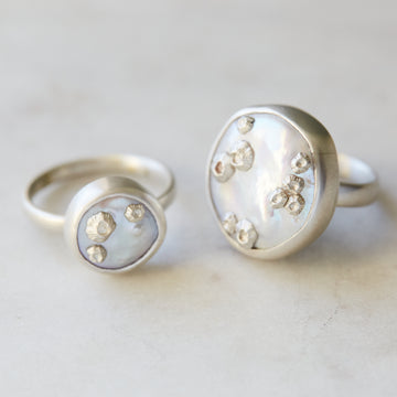 Hannah Blount Jewelry Coin Pearl Ruthie B. Rings with Barnacles in sterling silver, both sizes