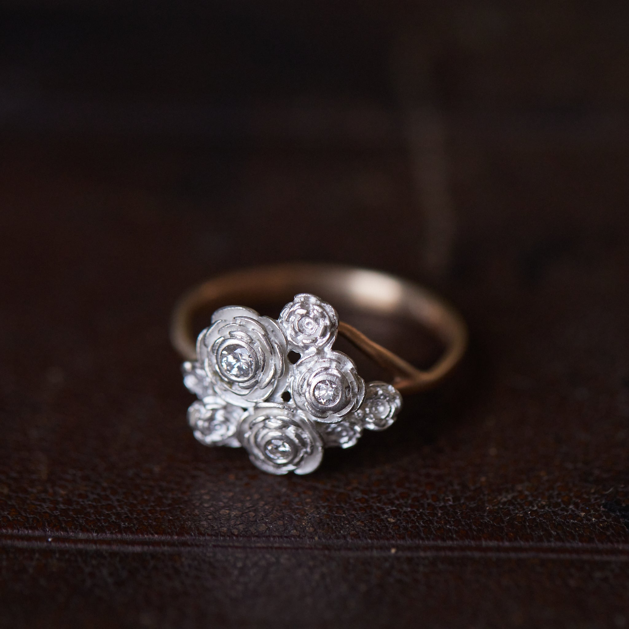 Diamond rose rings in gold and silver by Hannah Blount