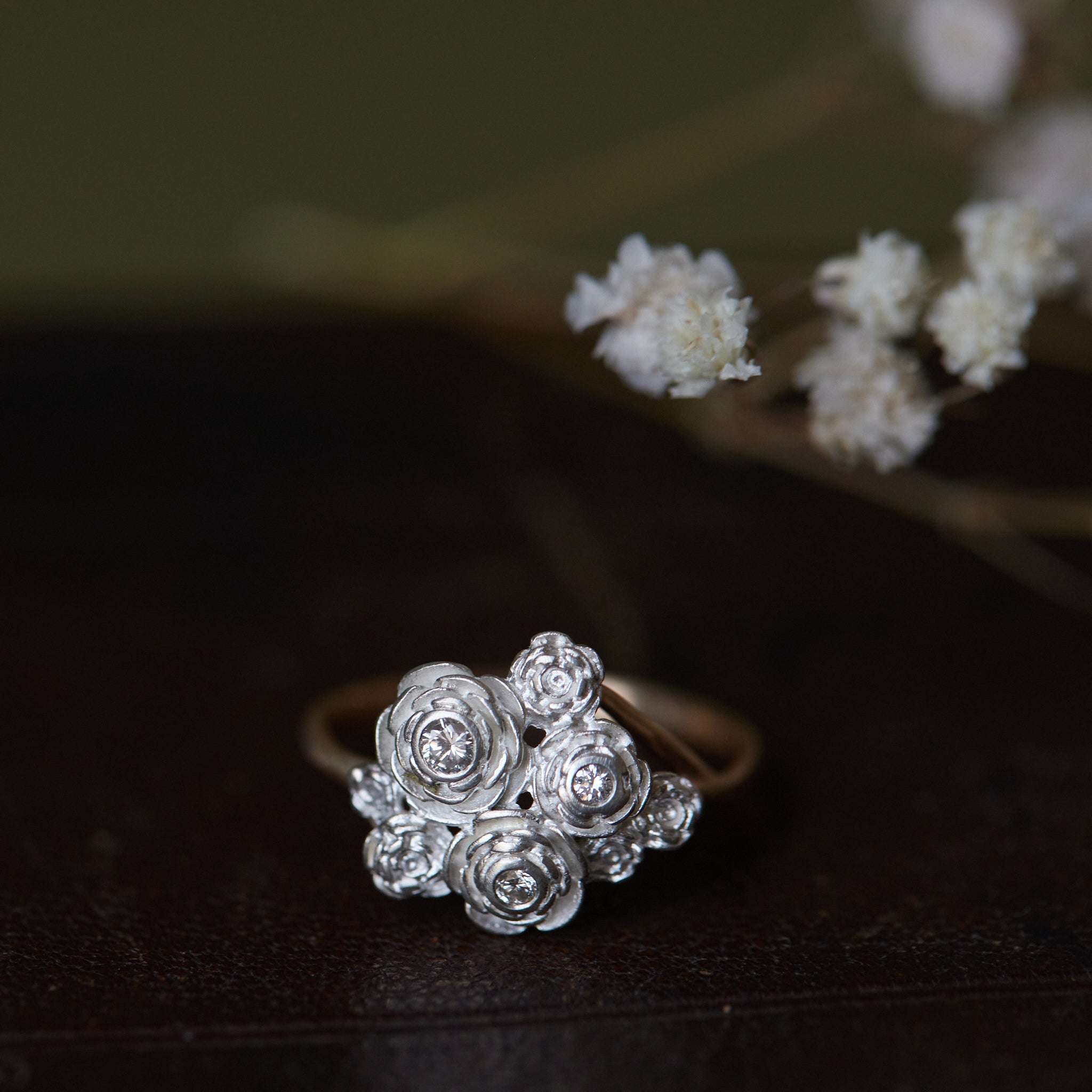 Diamond rose rings in gold and silver by Hannah Blount