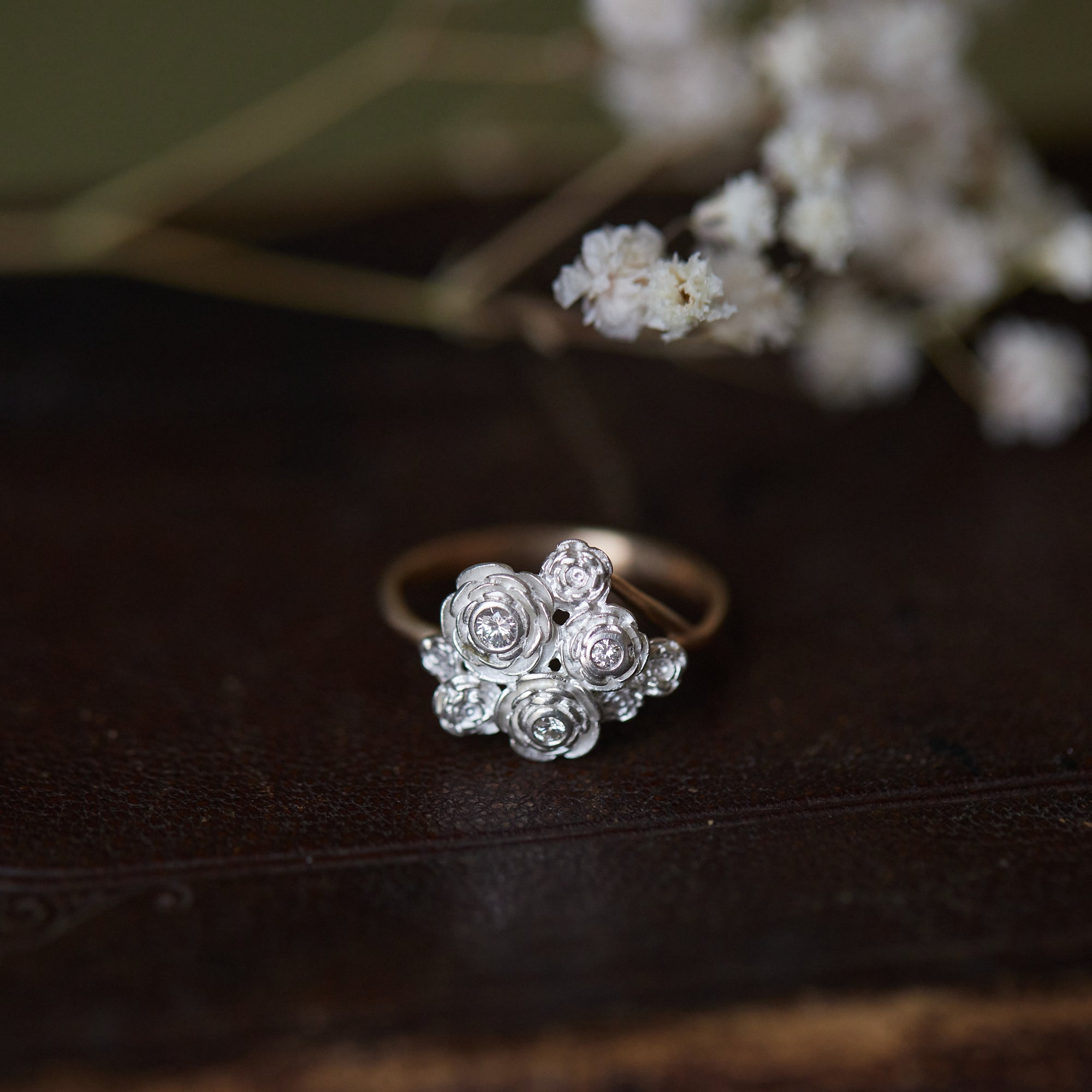 Diamond rose rings in gold and silver by Hannah Blount