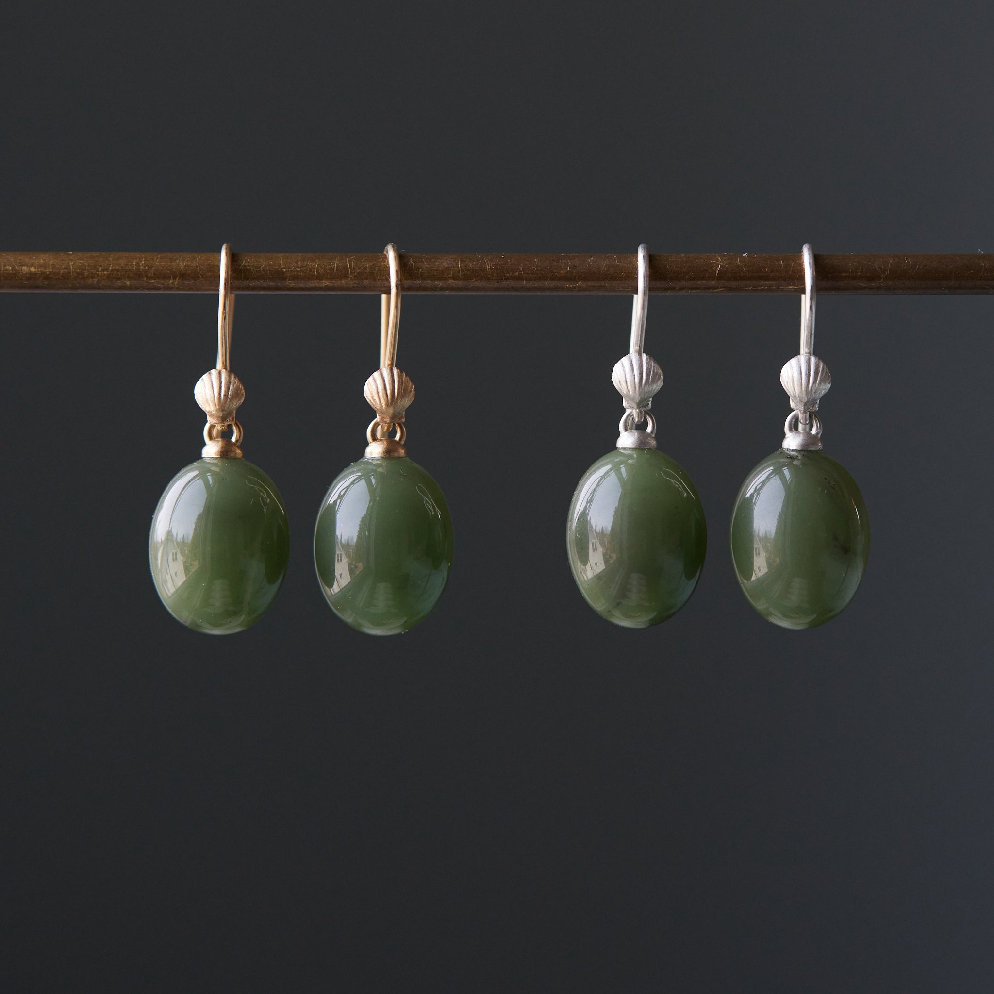 Nephrite jade drop earrings with silver and gold shells