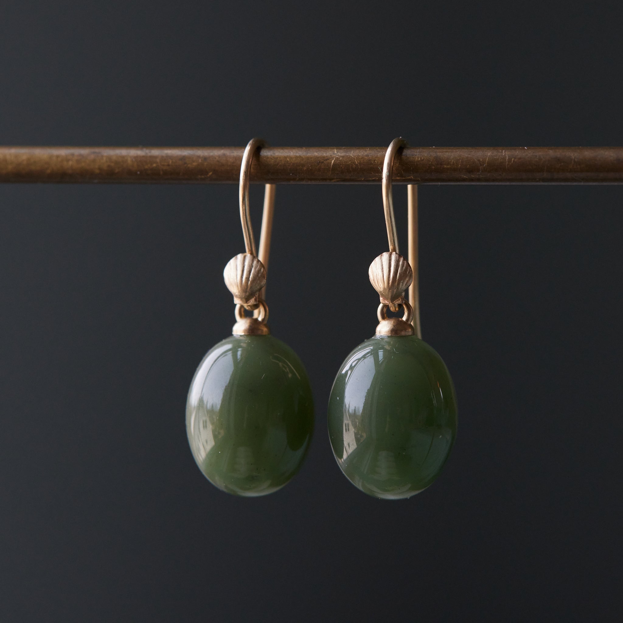 Nephrite jade drop earrings with gold shell