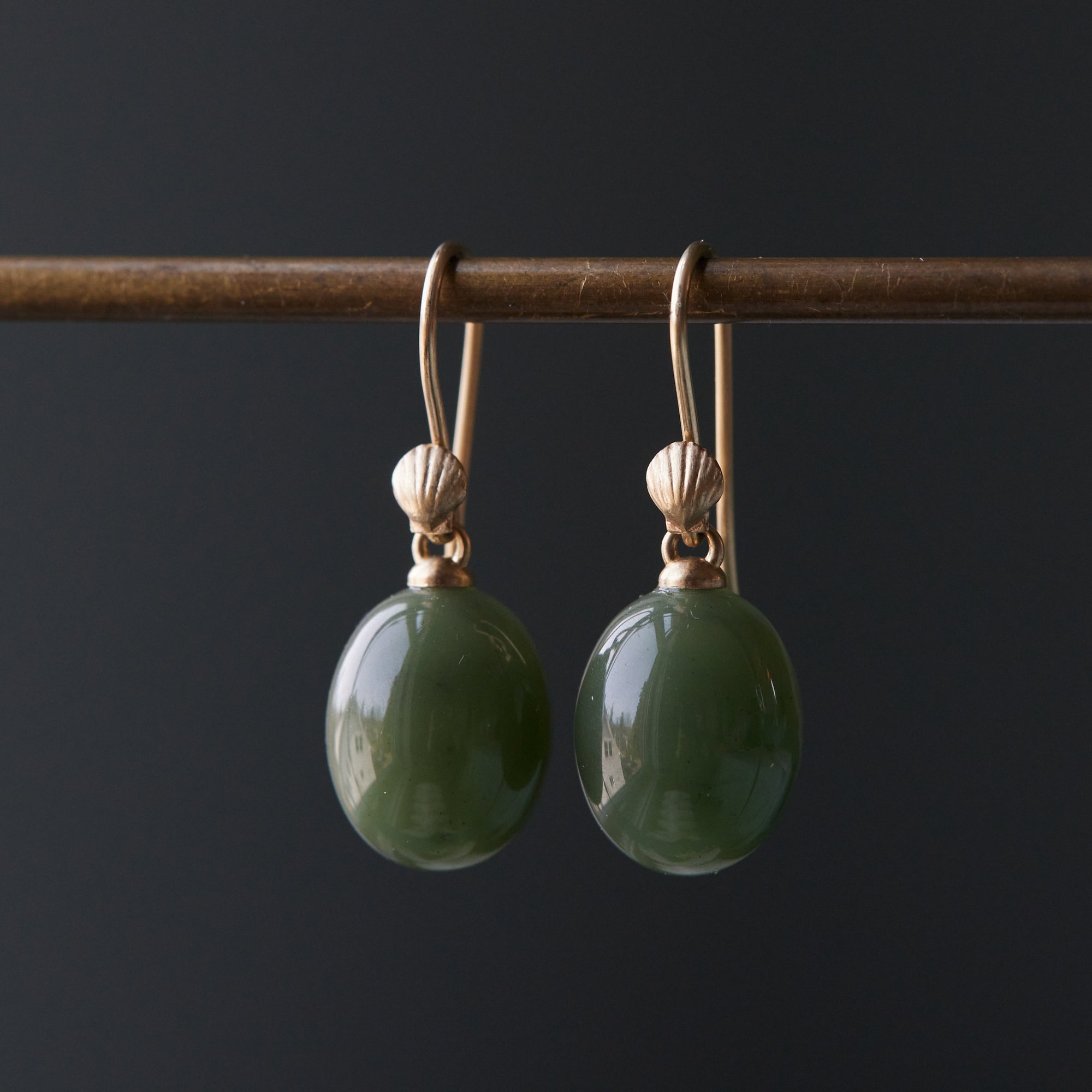 Nephrite jade drop earrings with gold shell