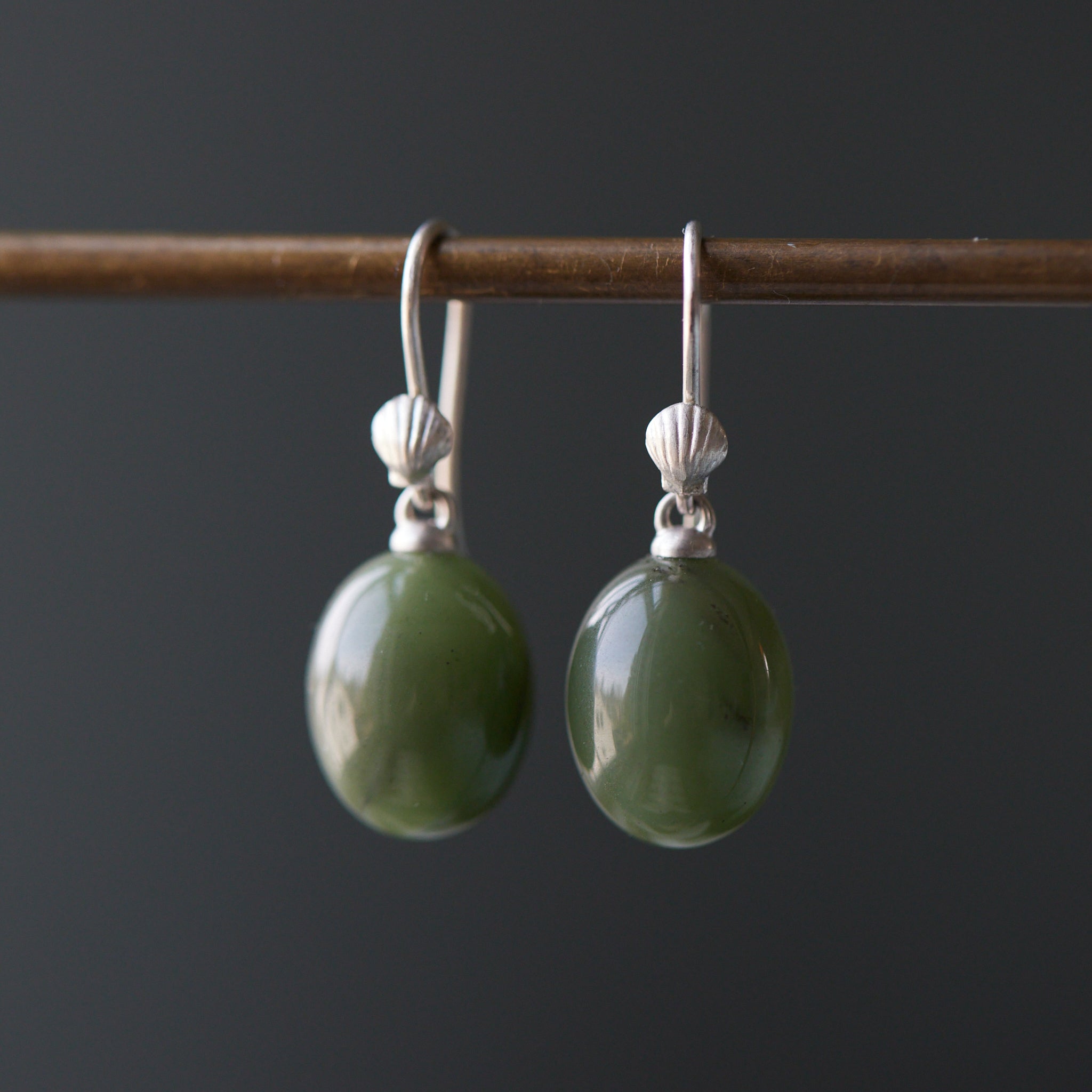 Nephrite jade drop earrings with silver shell