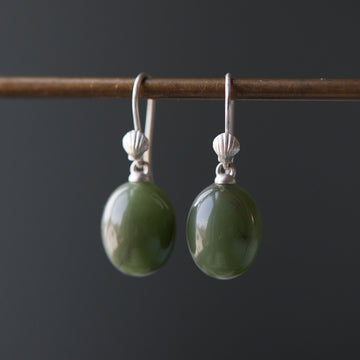 Nephrite jade drop earrings with silver shell