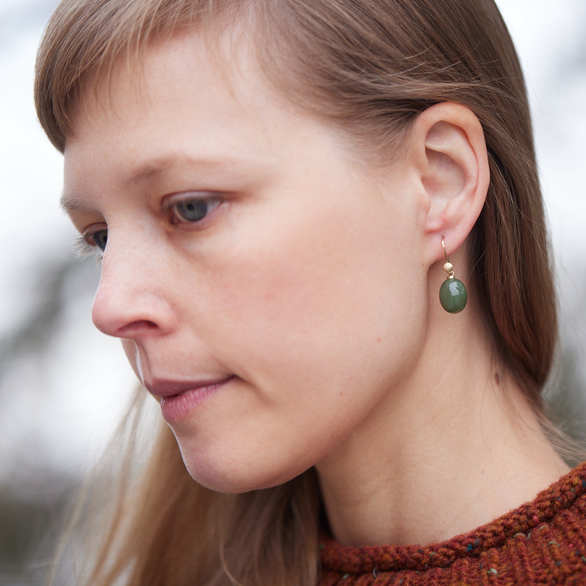 Nephrite jade drop earrings with gold shell