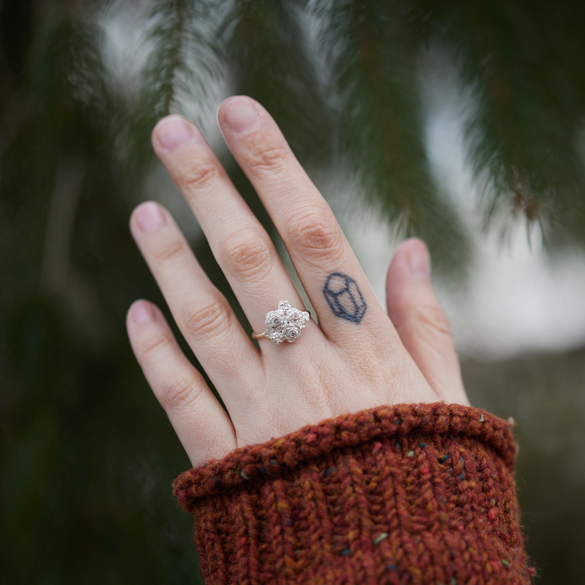 Diamond rose rings in gold and silver by Hannah Blount