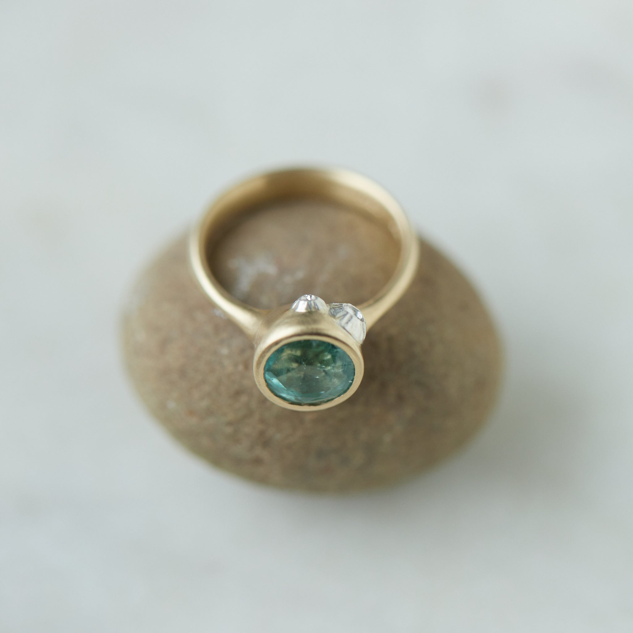 Tourmaline in yellow gold bezel setting with hand-carved barnacles