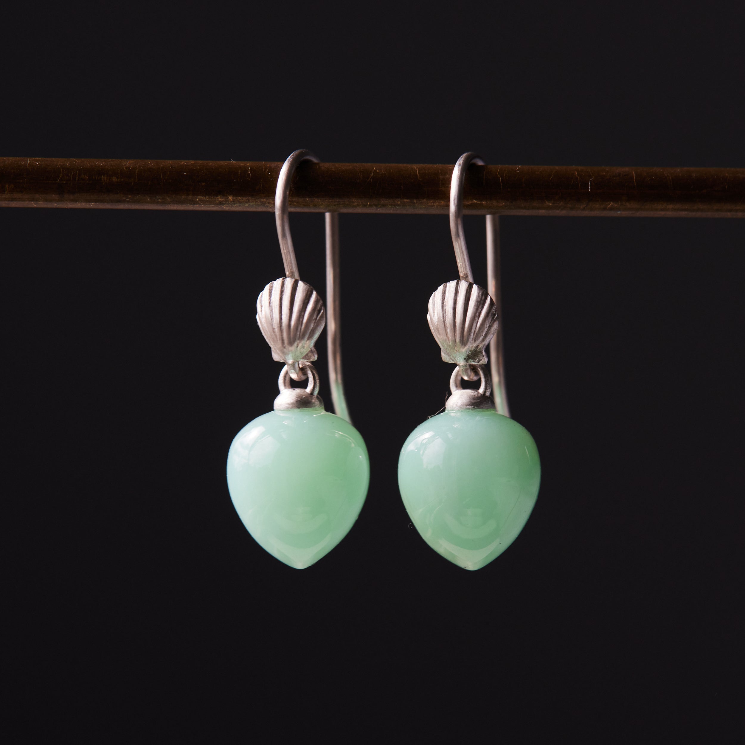 Chrysoprase earrings with sterling silver scallop shells ear wires