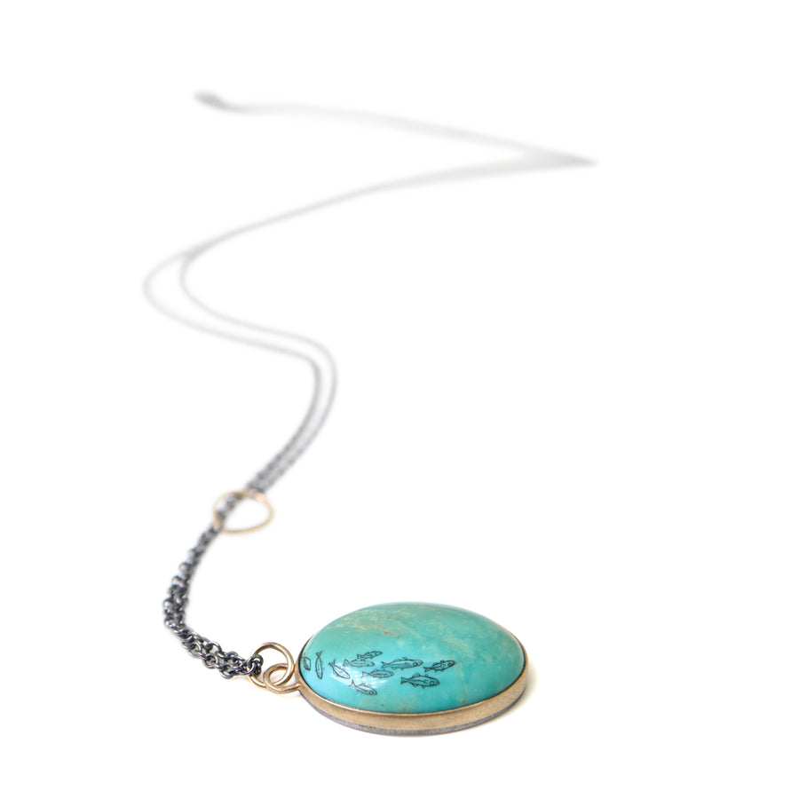 School of fish scrimshaw on Kingman turquoise - necklace