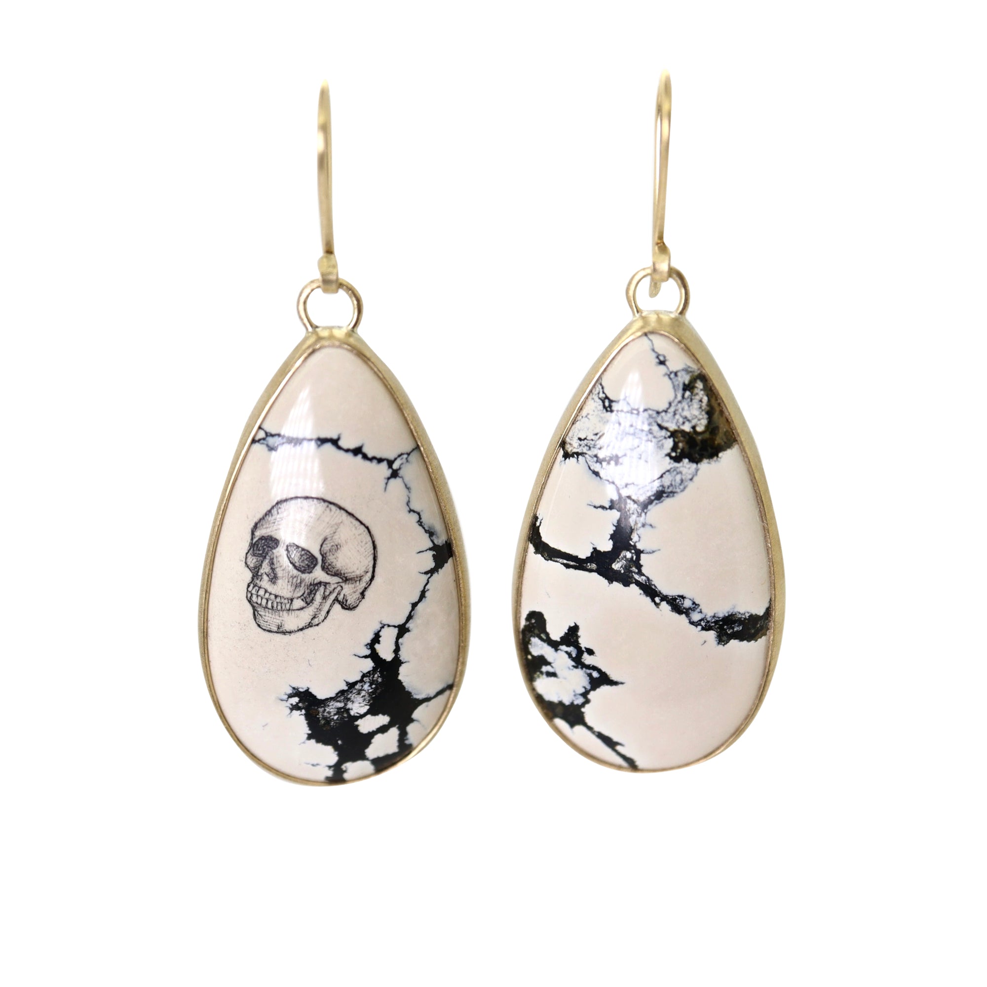 Skull and hourglass scrimshaw on variscite - earrings