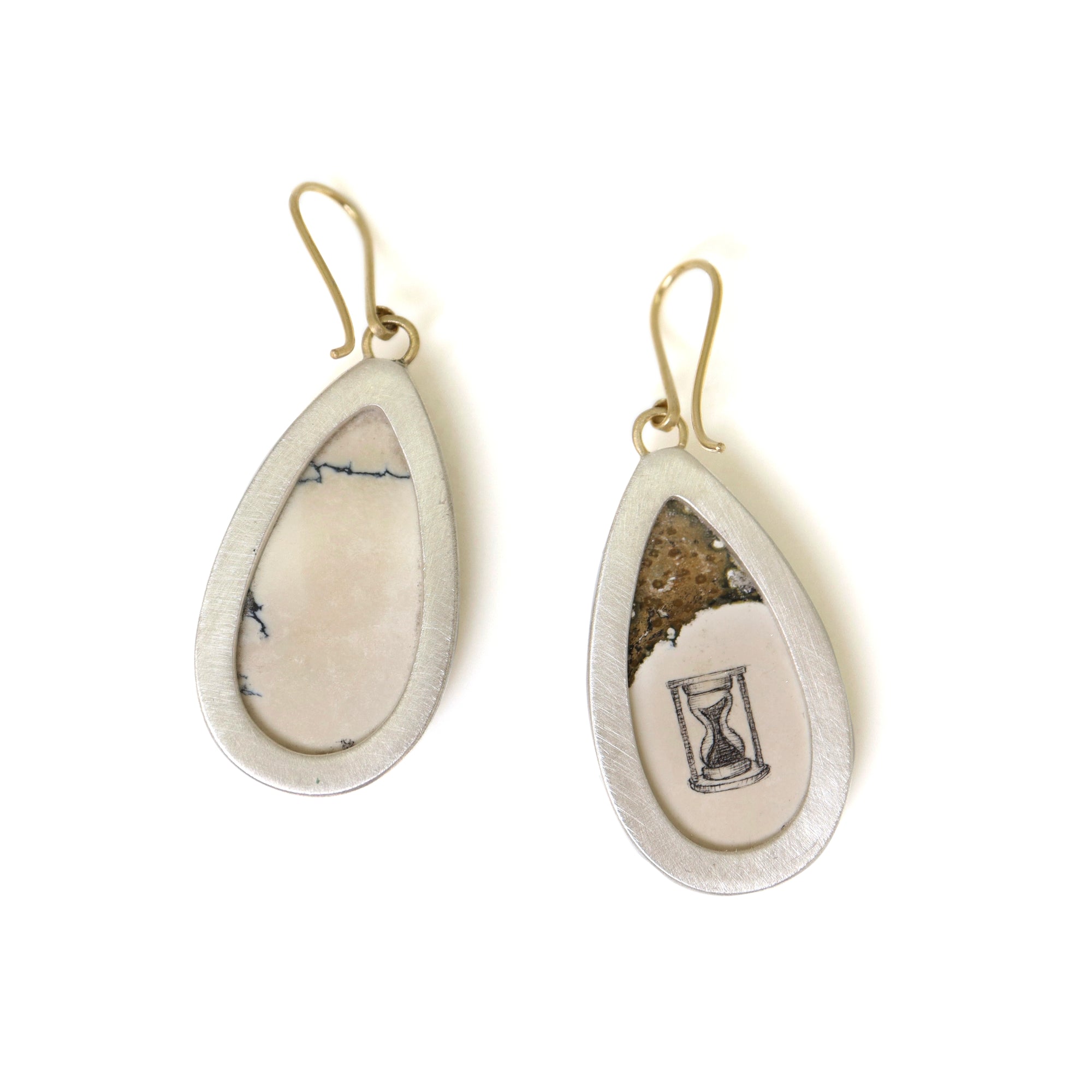 Skull and hourglass scrimshaw on variscite - earrings
