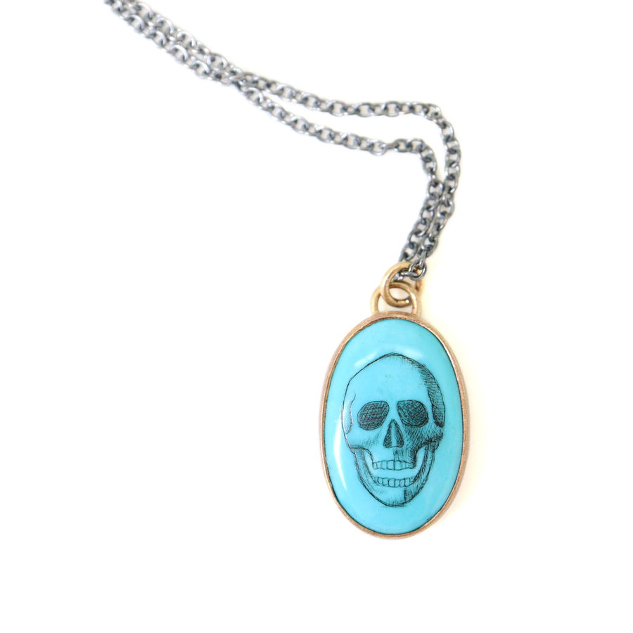 Skull scrimshaw on Kingman turquoise - necklace