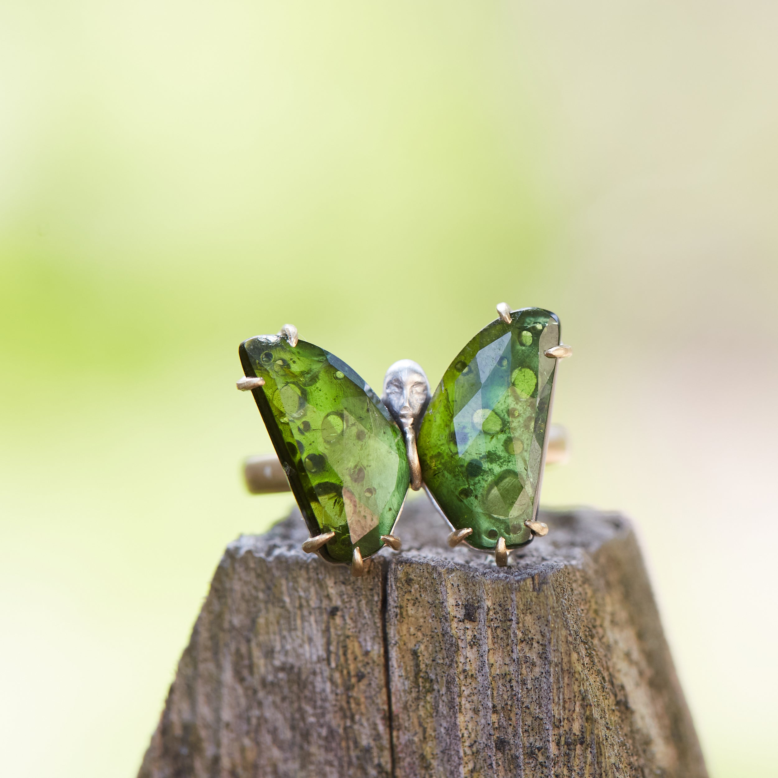 Green Tourmaline Psyche Butterfly Cameo face ring by hannah blount jewelry