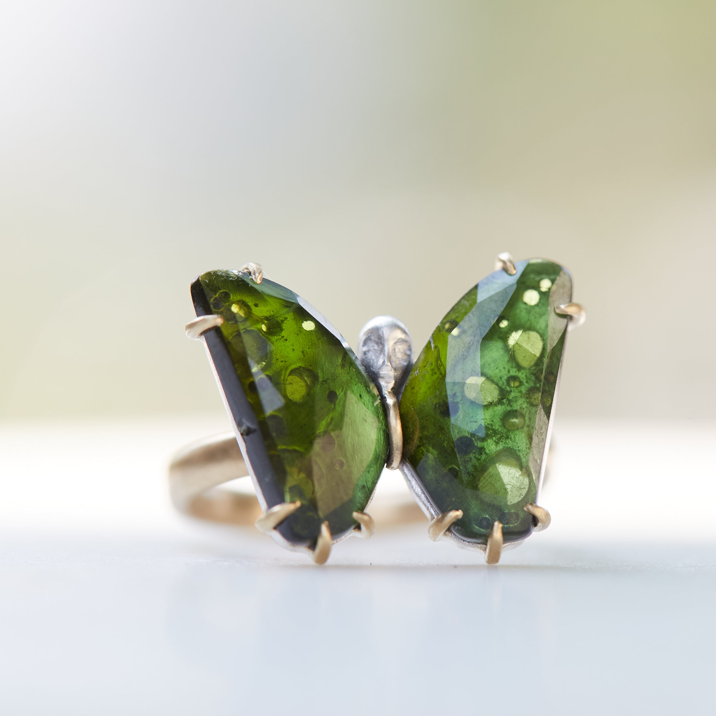 Green Tourmaline Psyche Butterfly Cameo face ring by hannah blount jewelry