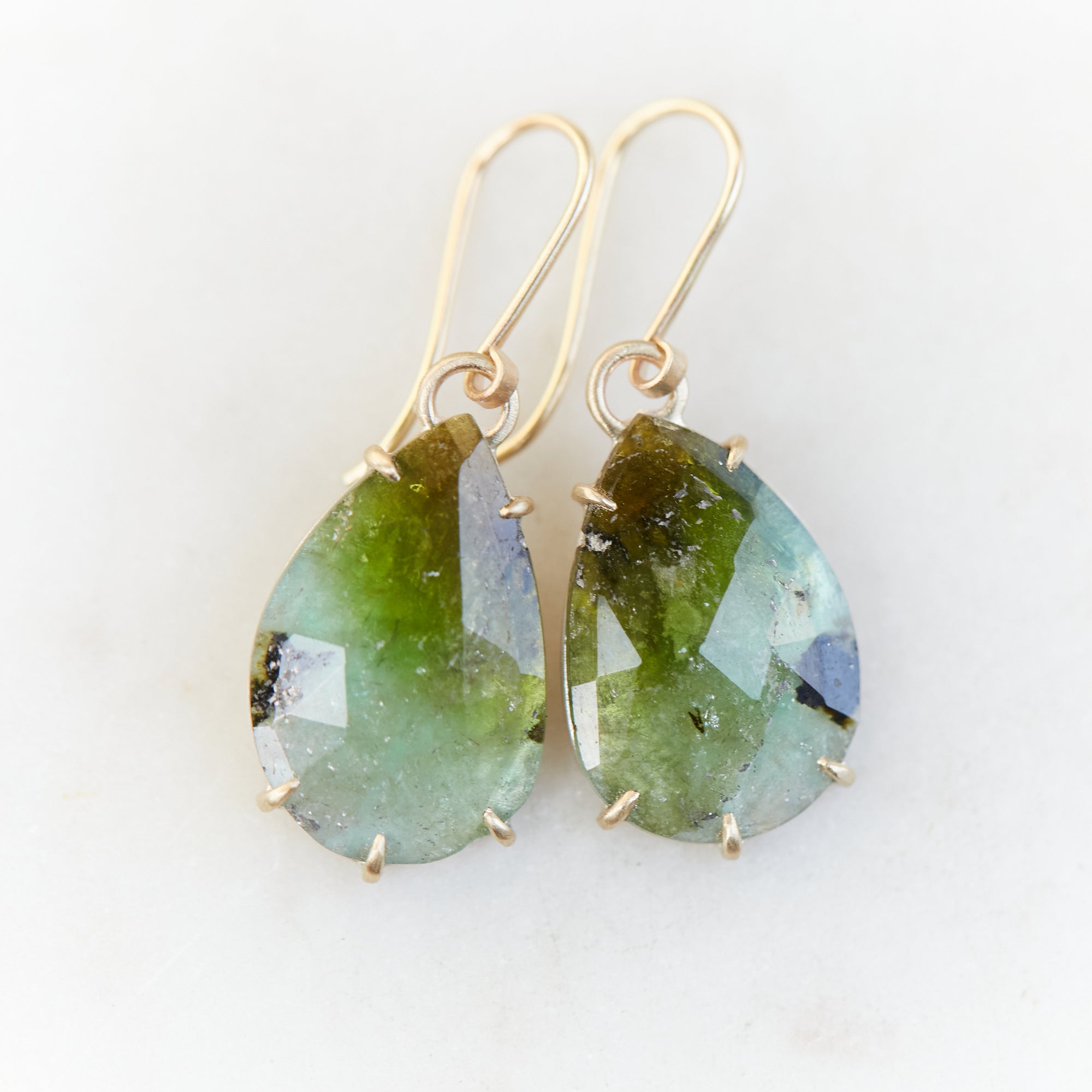 green lacewings tourmaline earrings with prongs by hannah blount jewelry