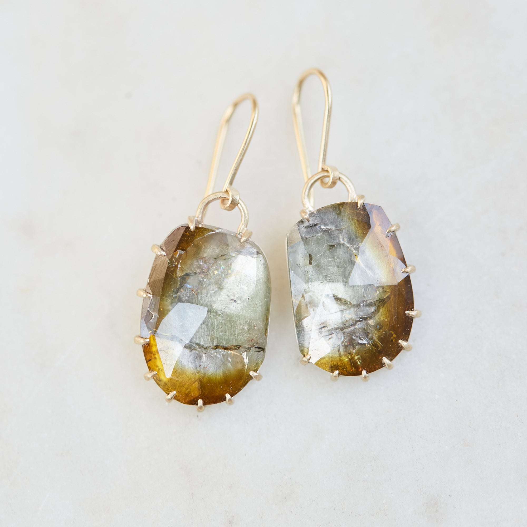 whiskey tourmaline chrysalis earrings with prongs by hannah blount jewelry