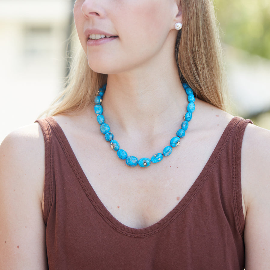 kingman Turquoise beaded necklace with red silk by hannah blount