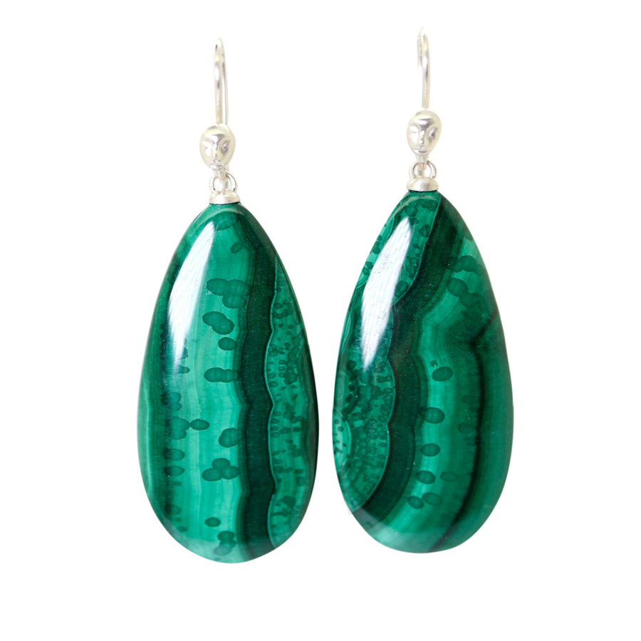 Grand green malachite cameo figurehead earrings in silver